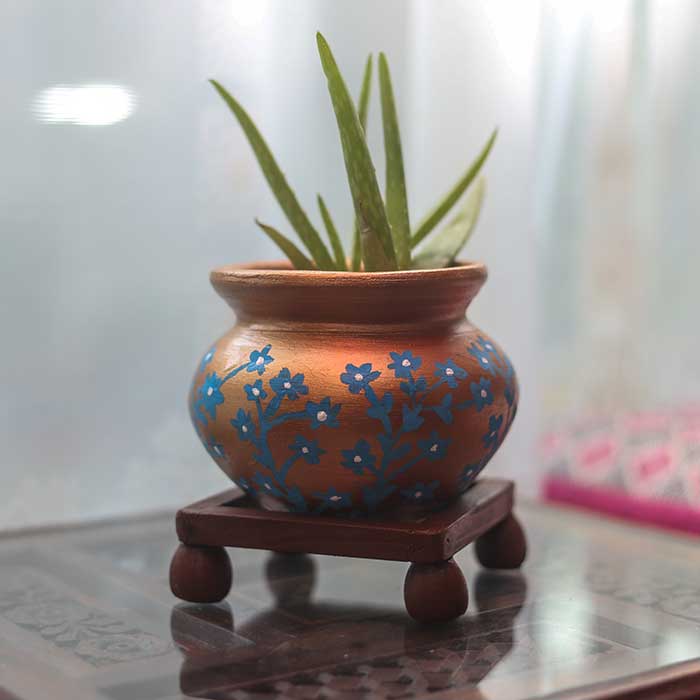 "Blue Metal" Painted Round Terracotta Pot